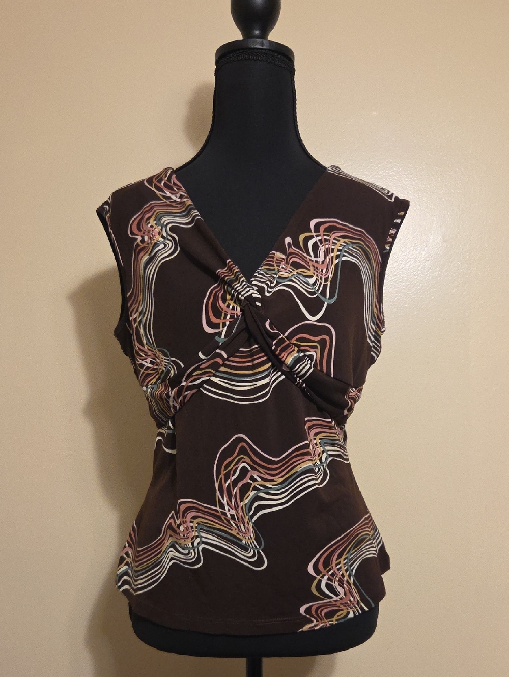 Women’s Y2K Brown Twist-Front Sleeveless Stretchy Top Artsy Abstract Funky Large